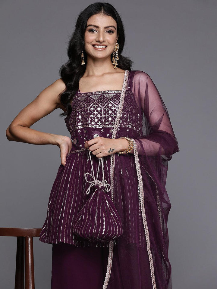 Wine Embroidered Georgette A-Line Kurti With Palazzos & Dupatta - ShopLibas