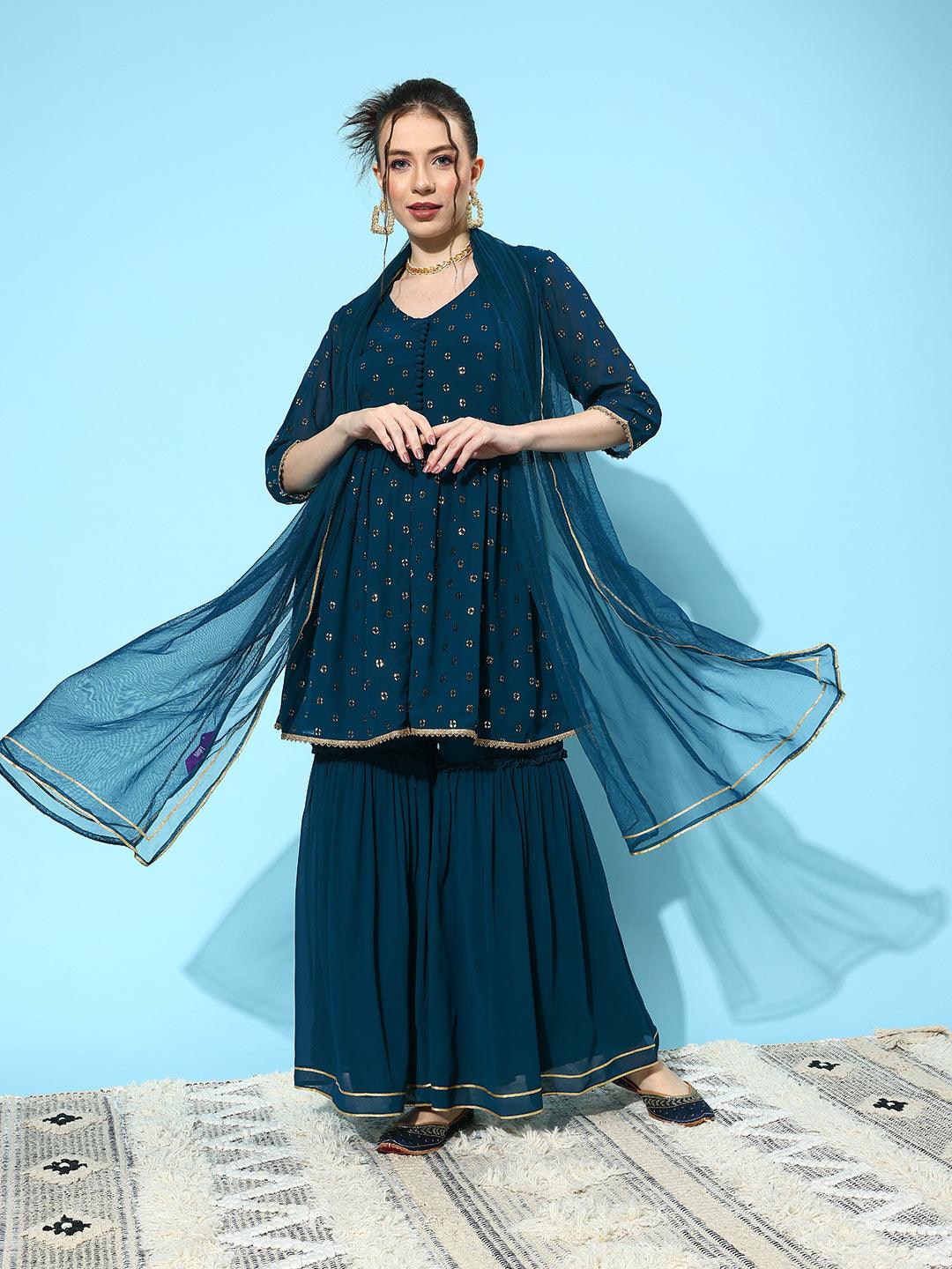 Blue Embroidered Georgette A-Line Kurti With Sharara & Dupatta