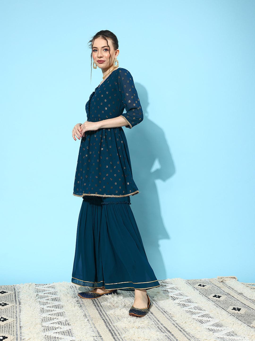 Blue Embroidered Georgette A-Line Kurti With Sharara & Dupatta