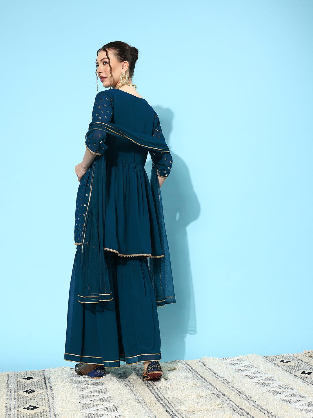 Blue Embroidered Georgette A-Line Kurti With Sharara & Dupatta