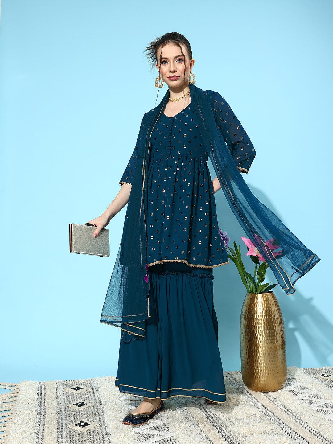 Blue Embroidered Georgette A-Line Kurti With Sharara & Dupatta