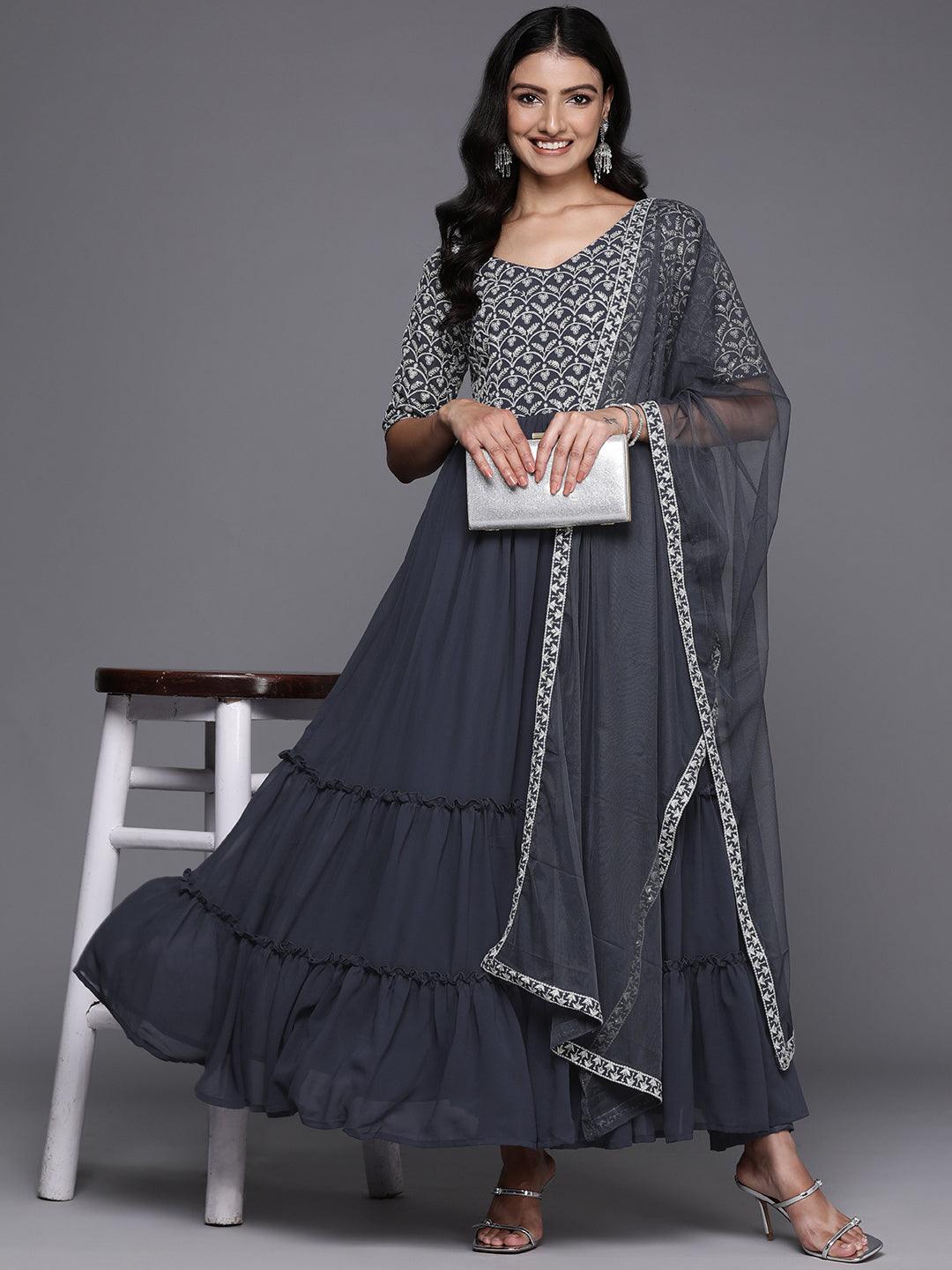 Grey Embroidered Georgette Anarkali Suit With Dupatta