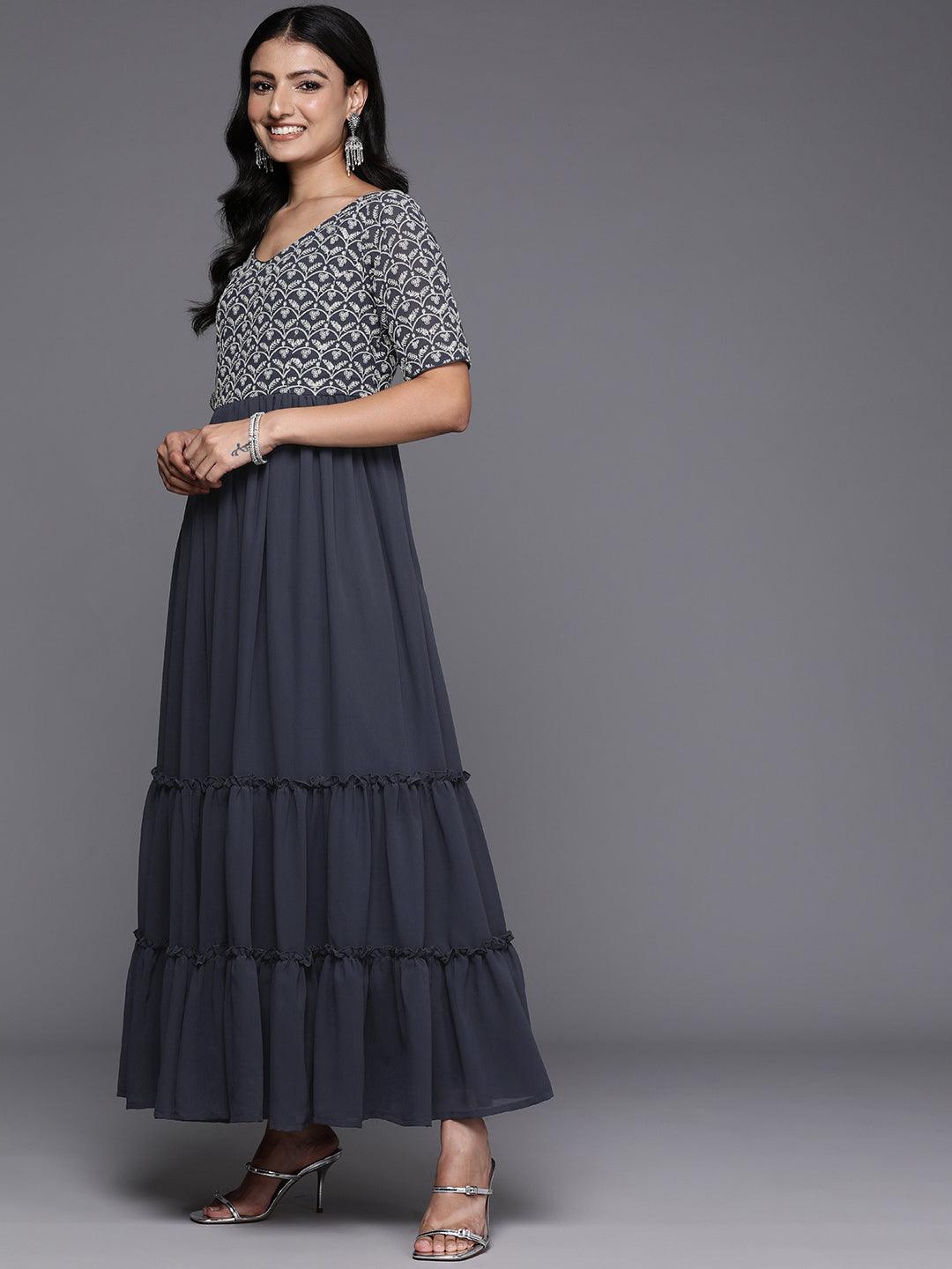 Grey Embroidered Georgette Anarkali Suit With Dupatta