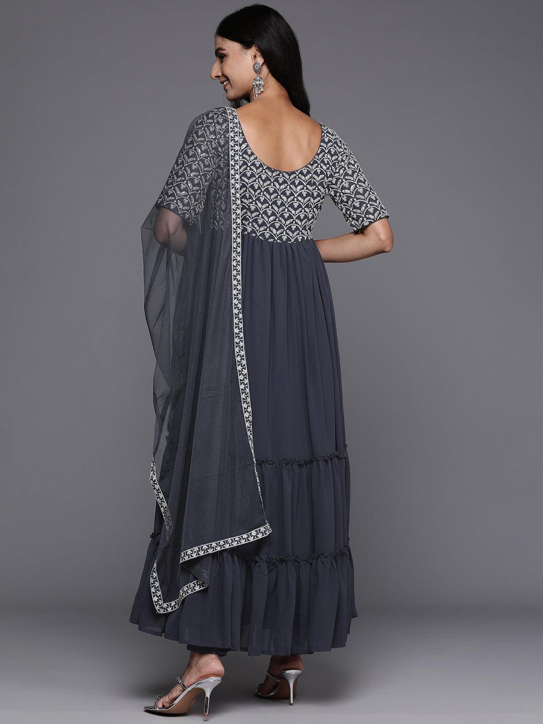 Grey Embroidered Georgette Anarkali Suit With Dupatta