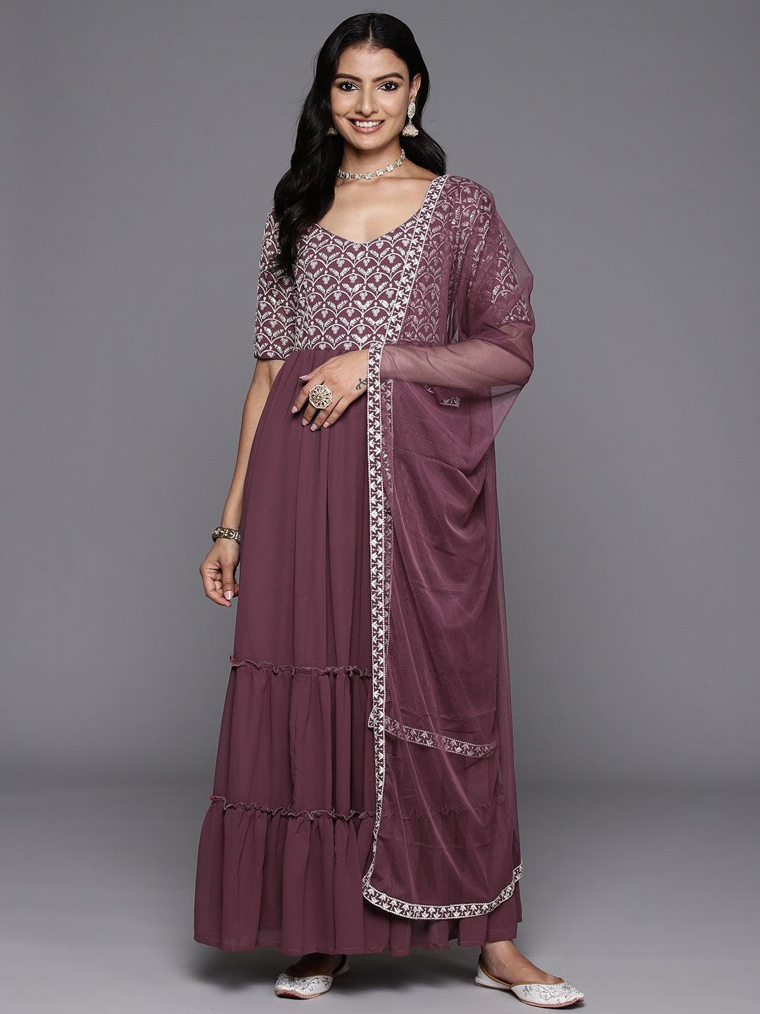 Mauve Embroidered Georgette Anarkali Kurta With Trousers & Dupatta - ShopLibas