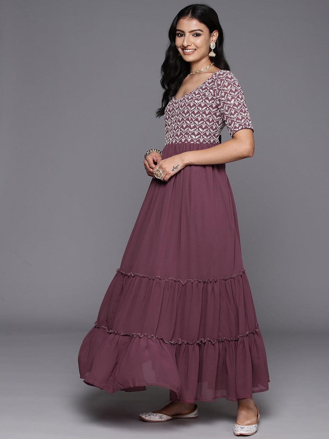 Mauve Embroidered Georgette Anarkali Suit With Dupatta