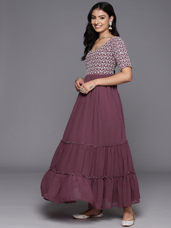 Mauve Embroidered Georgette Anarkali Kurta With Trousers & Dupatta - ShopLibas