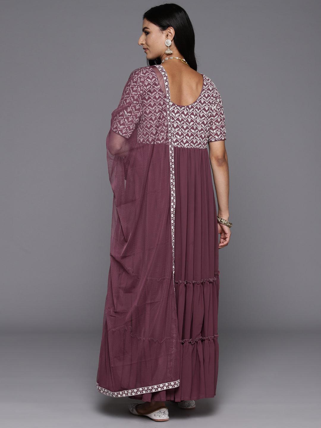 Mauve Embroidered Georgette Anarkali Suit With Dupatta