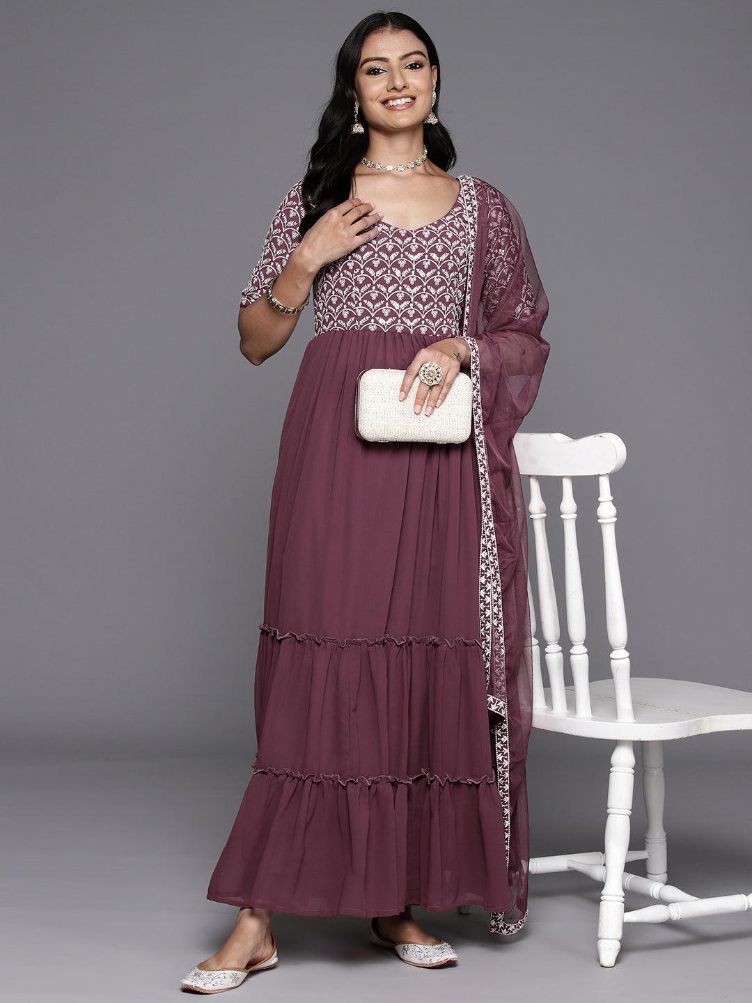 Mauve Embroidered Georgette Anarkali Suit With Dupatta