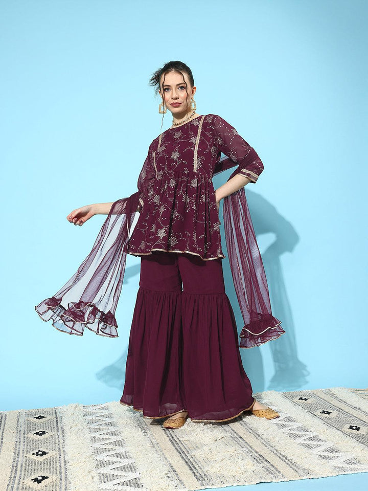 Wine Embroidered Georgette A-Line Kurti With Sharara & Dupatta - ShopLibas