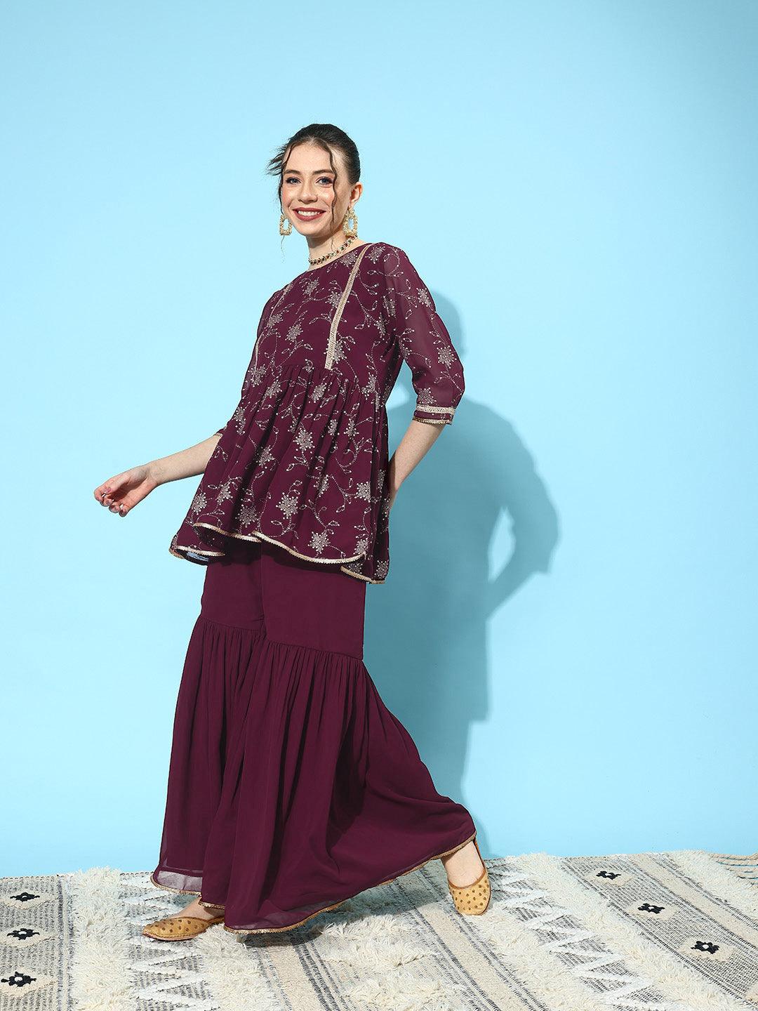 Wine Embroidered Georgette A-Line Kurti With Sharara & Dupatta - ShopLibas