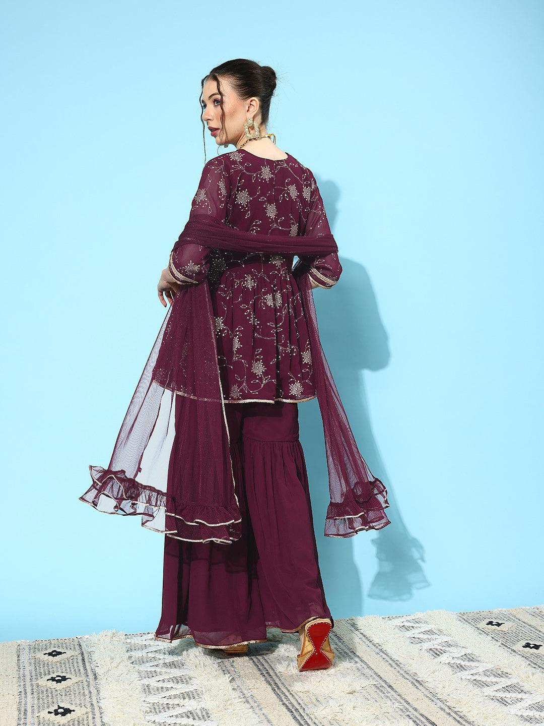 Wine Embroidered Georgette A-Line Kurti With Sharara & Dupatta