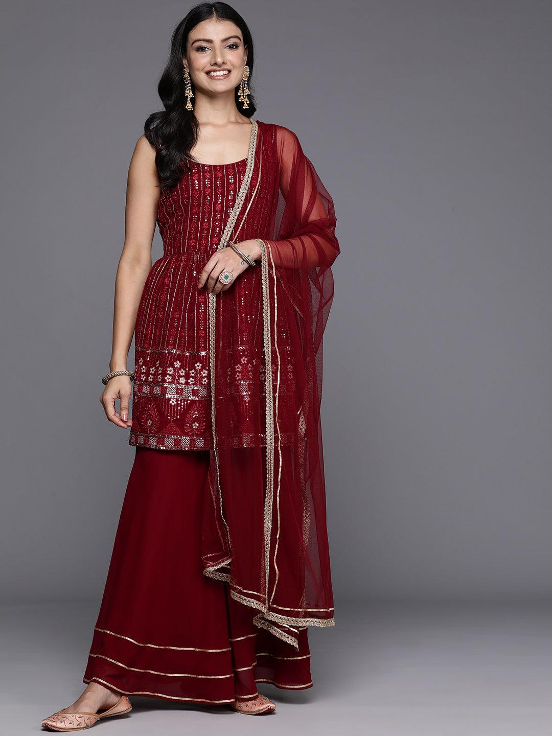 Maroon Embroidered Georgette A-Line Kurti With Sharara & Dupatta