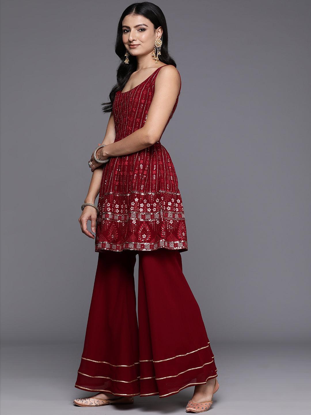 Maroon Embroidered Georgette A-Line Kurti With Sharara & Dupatta