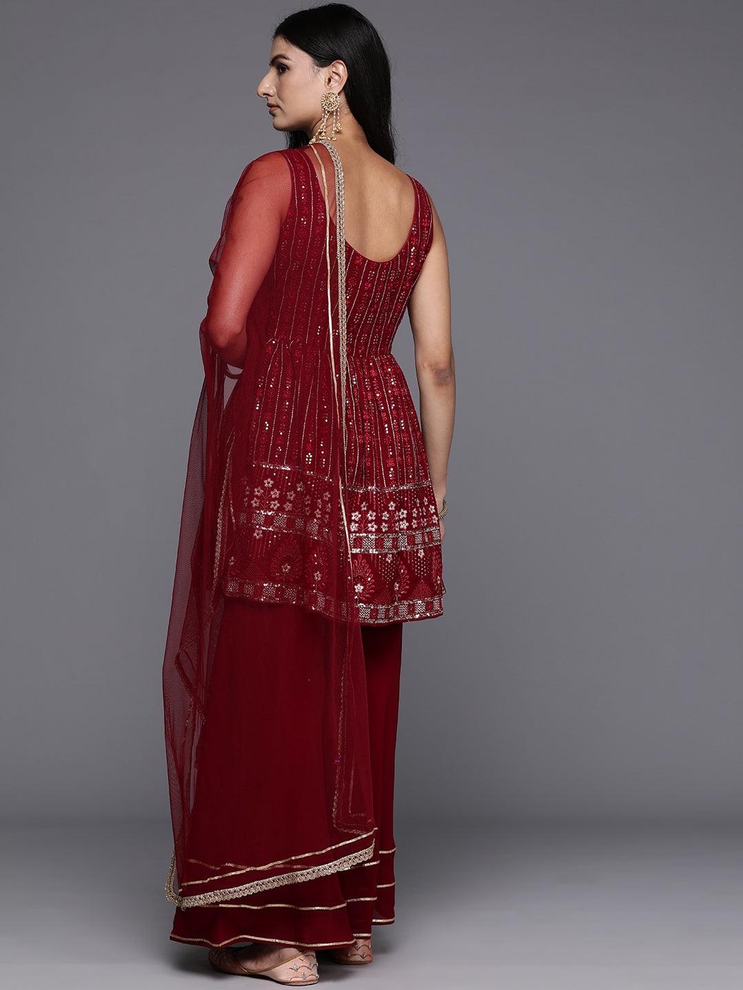 Maroon Embroidered Georgette A-Line Kurti With Sharara & Dupatta