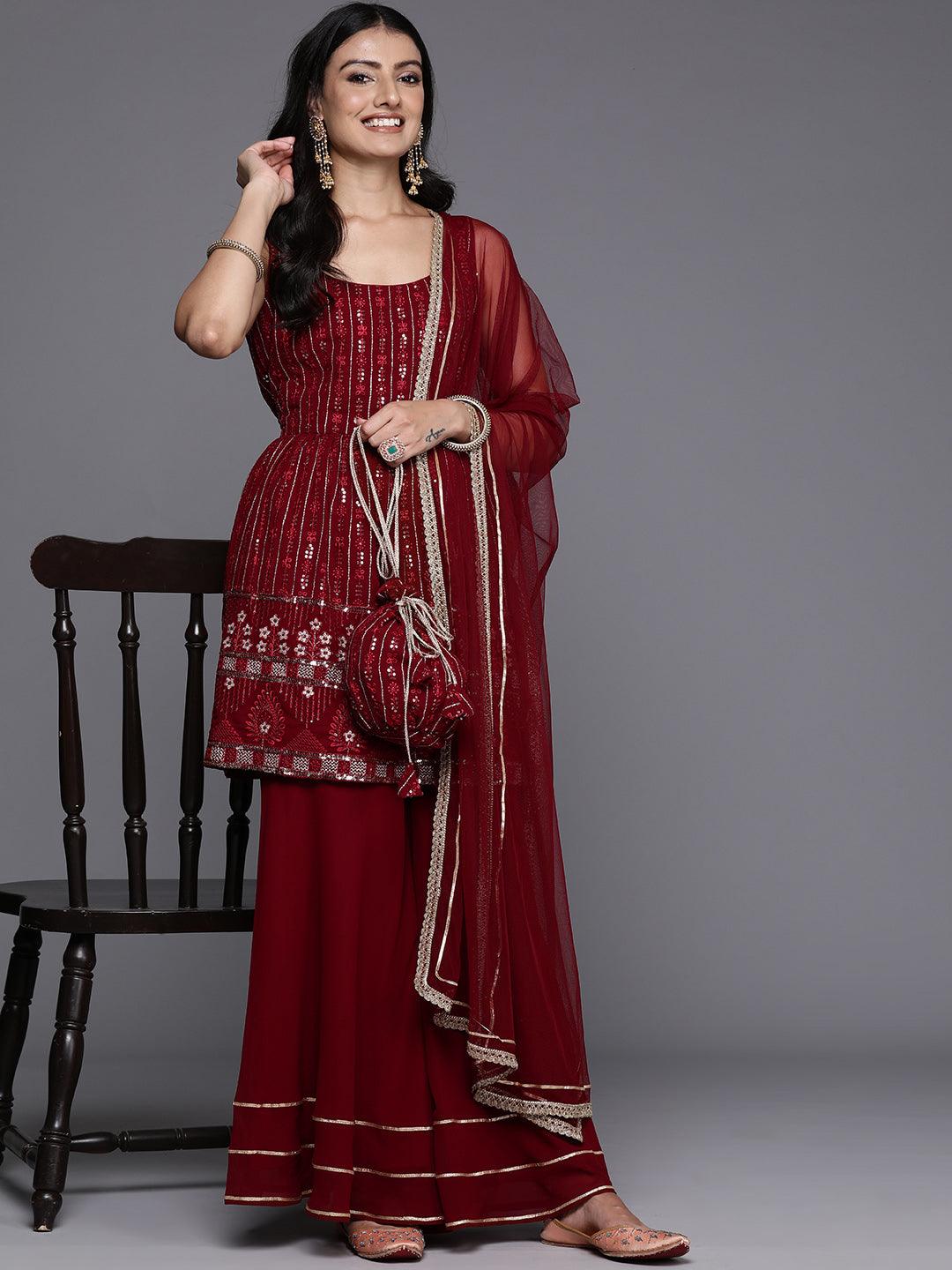 Maroon Embroidered Georgette A-Line Kurti With Sharara & Dupatta