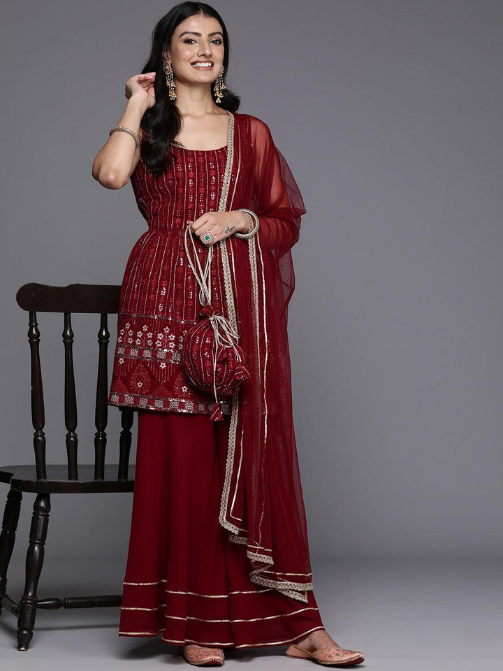 Maroon Embroidered Georgette A-Line Kurti With Sharara & Dupatta - ShopLibas