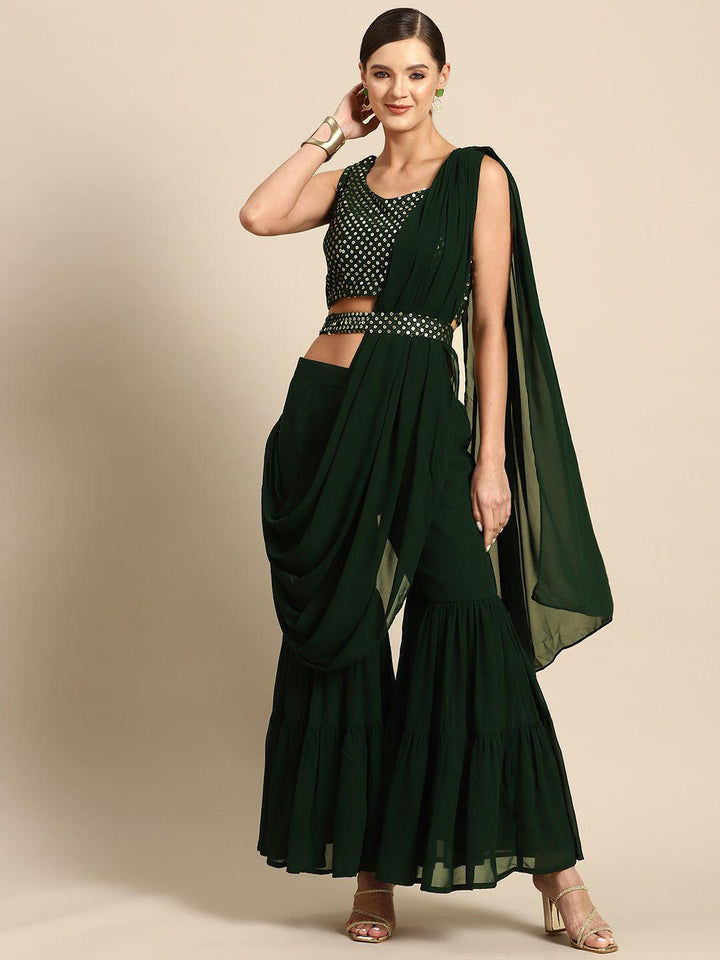 Green Embellished Georgette Ready to Wear Saree - ShopLibas