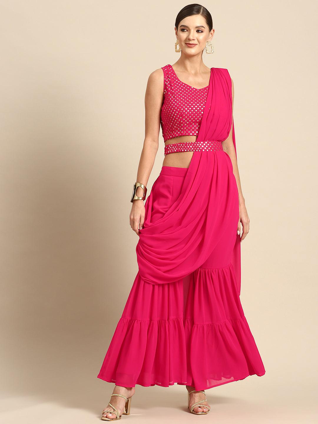 Pink Embellished Georgette Ready to Wear Saree