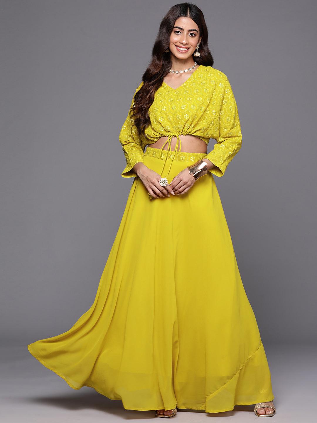 Mustard Embroidered Georgette Lehenga