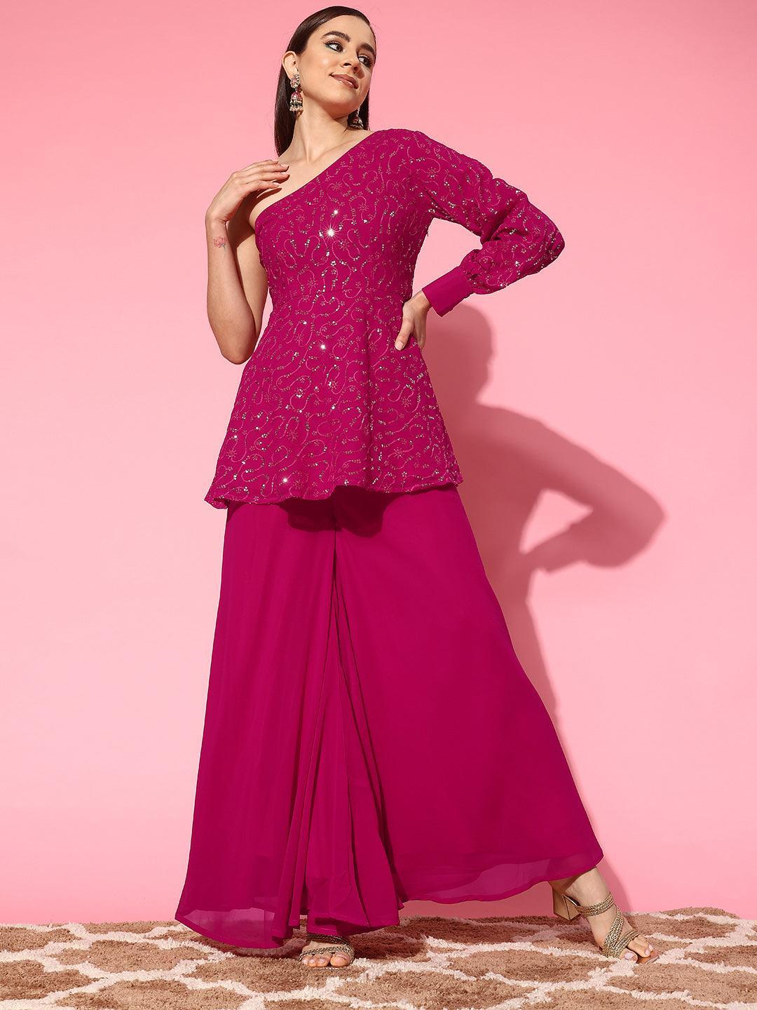 Pink Embellished Georgette Tunic With Palazzos - ShopLibas