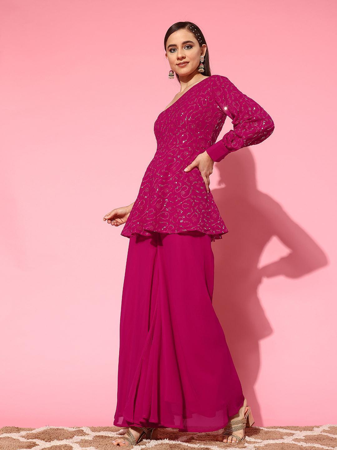 Pink Embellished Georgette Tunic With Palazzos - ShopLibas