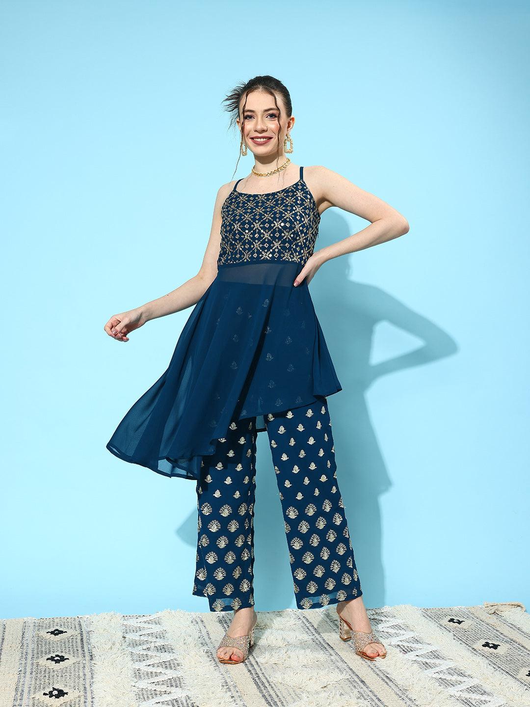 Blue Embellished Georgette Co-Ords