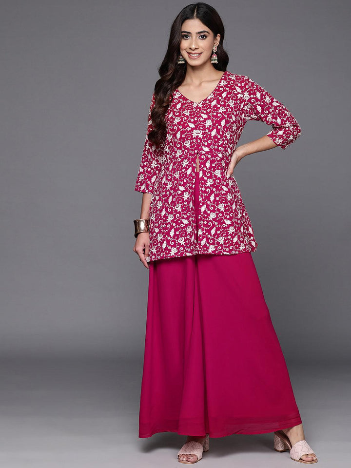 Pink Embellished Georgette Tunic With Palazzos - ShopLibas