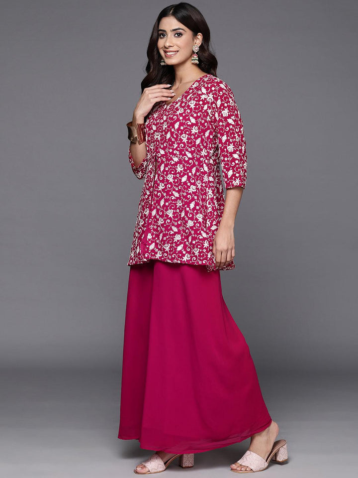 Pink Embellished Georgette Tunic With Palazzos - ShopLibas