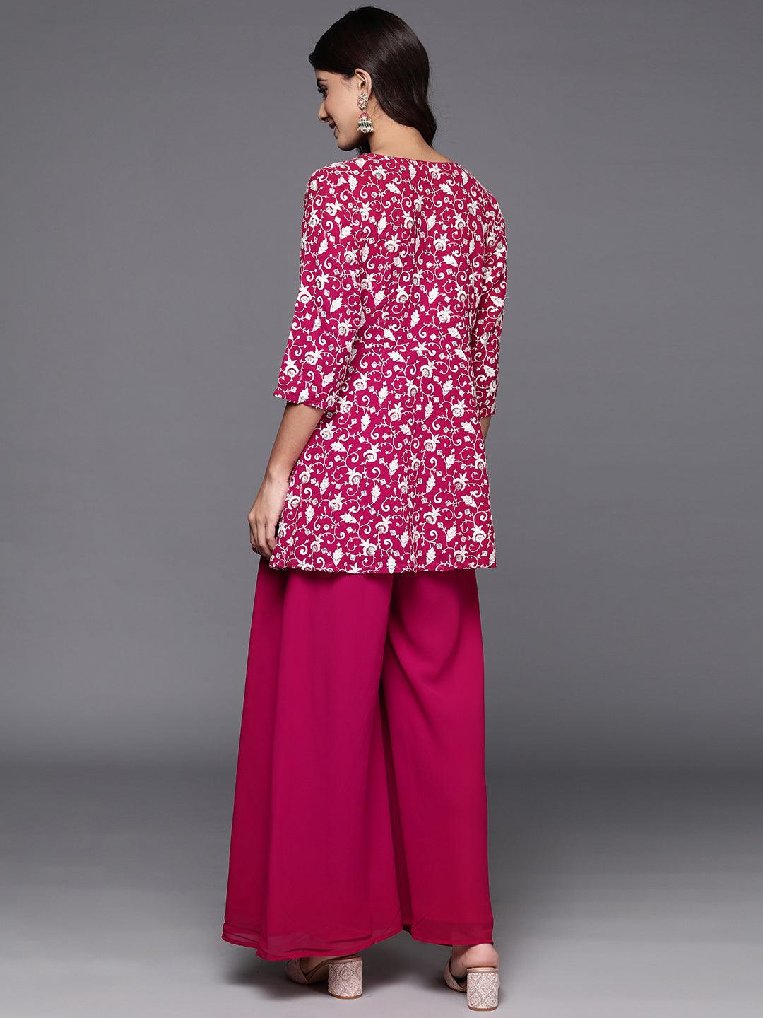 Pink Embellished Georgette Tunic With Palazzos - ShopLibas