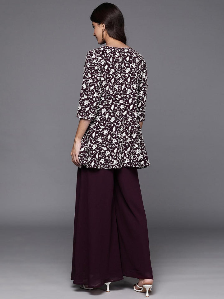 Wine Embellished Georgette Tunic With Palazzos - ShopLibas