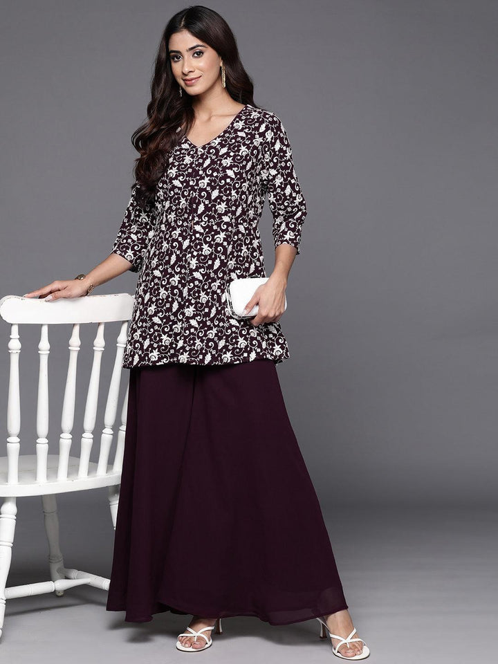 Wine Embellished Georgette Tunic With Palazzos - ShopLibas