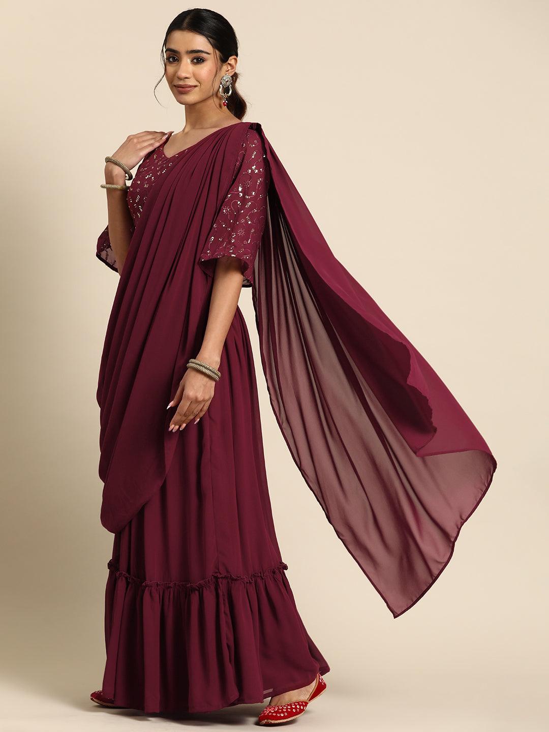 Maroon Embroidered Georgette Saree