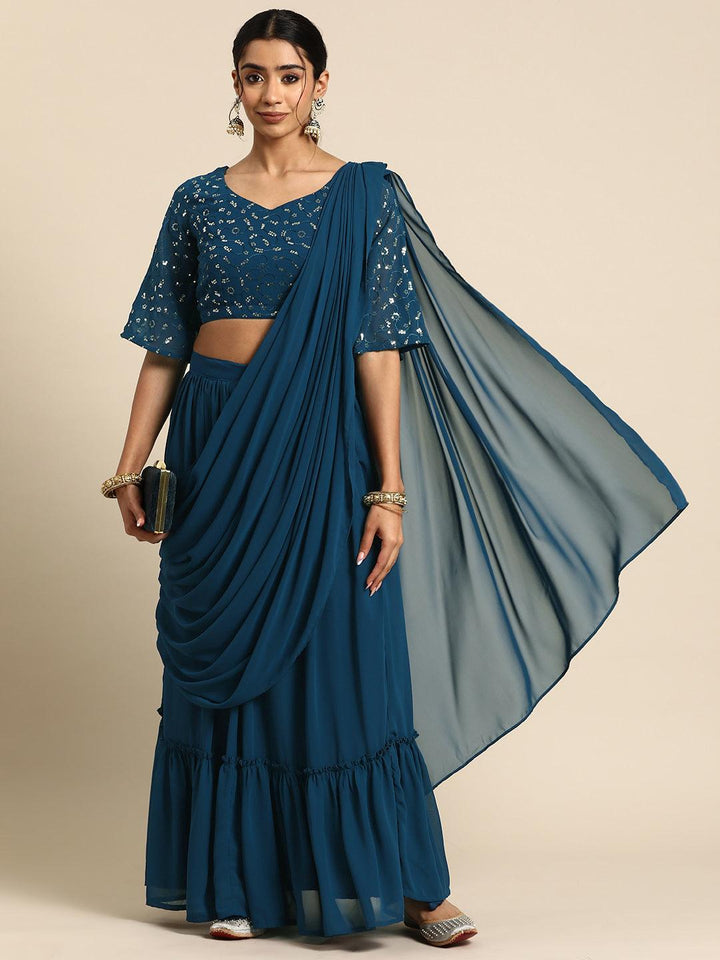 Blue Embroidered Georgette Saree - ShopLibas