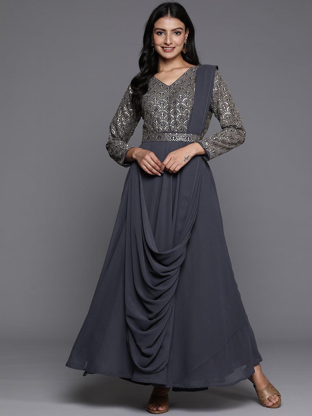 Grey Embroidered Georgette Gown Dress - ShopLibas