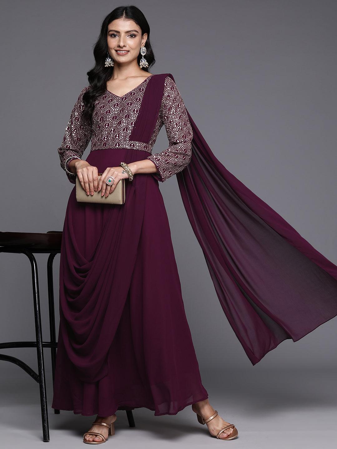 Wine Embroidered Georgette Gown Dress