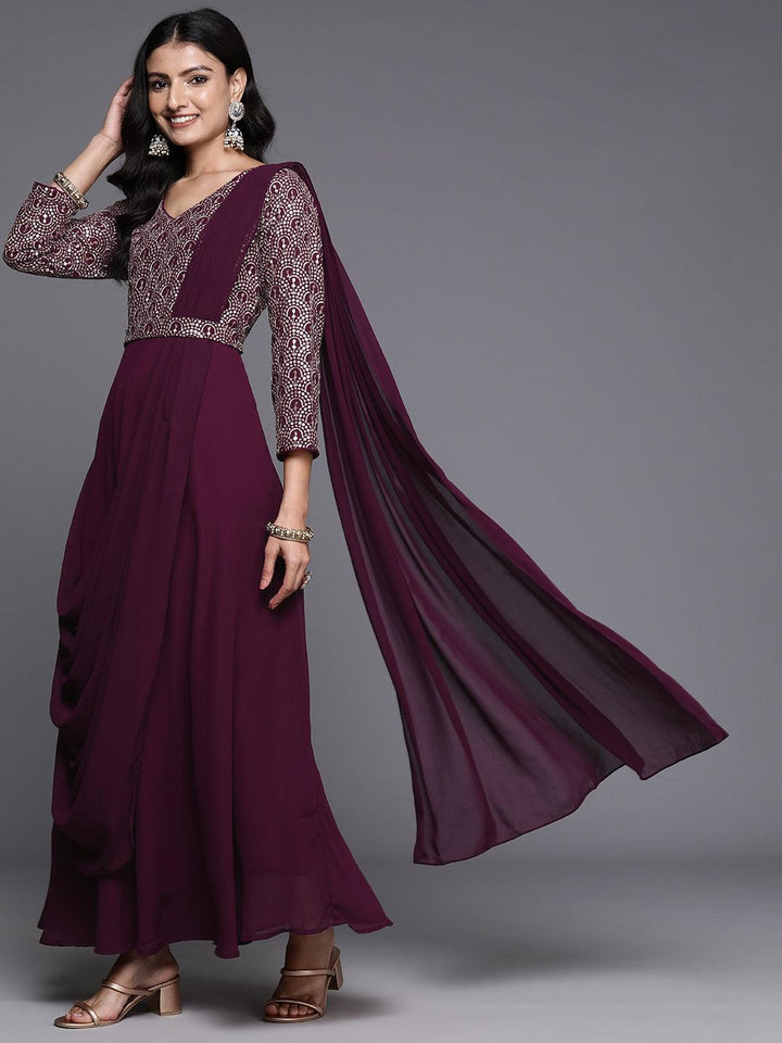 Wine Embroidered Georgette Gown Dress - ShopLibas