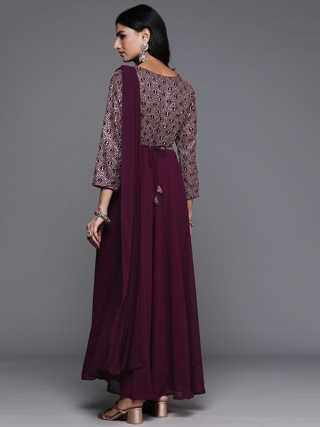 Wine Embroidered Georgette Gown Dress