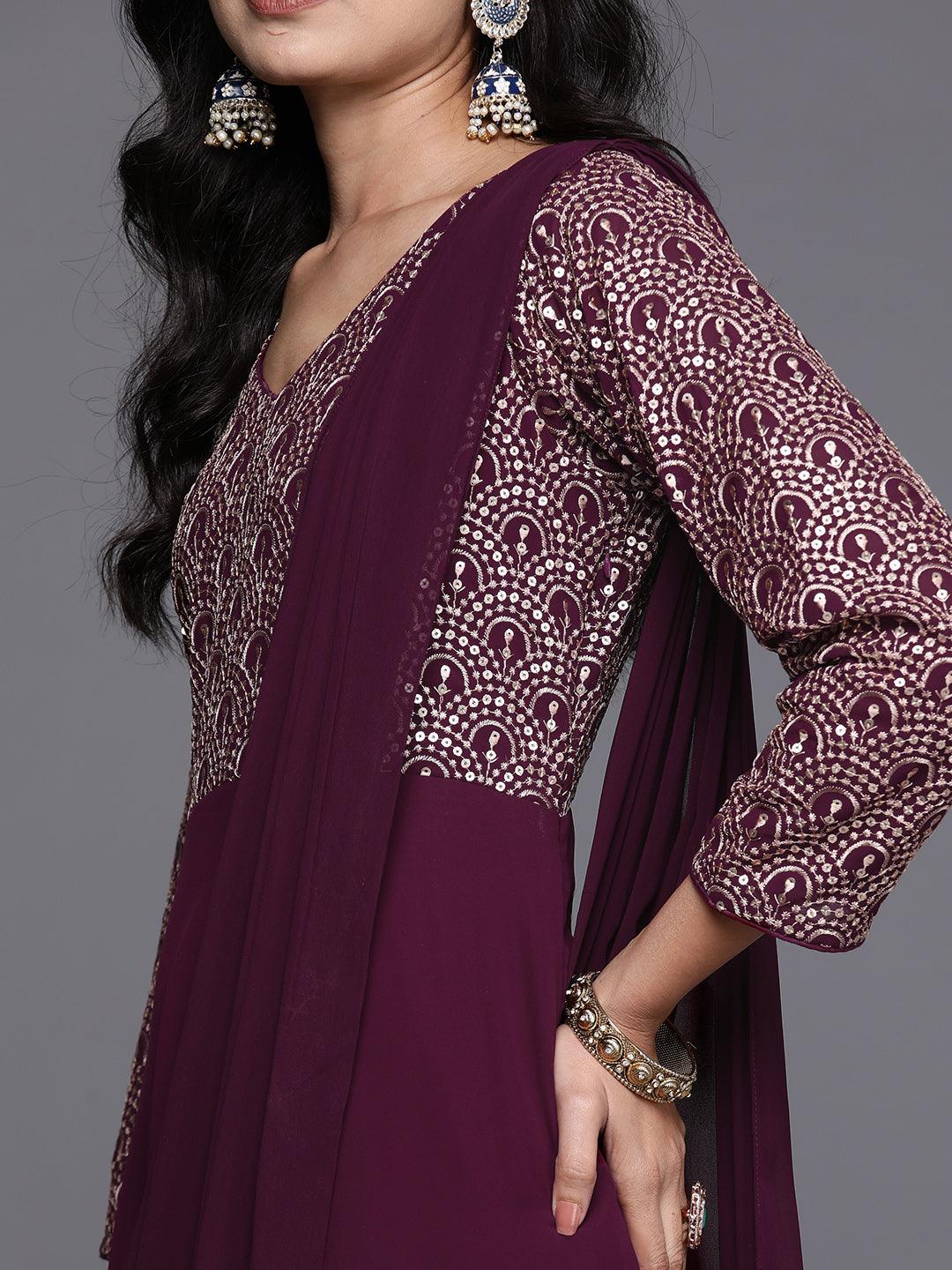 Wine Embroidered Georgette Gown Dress