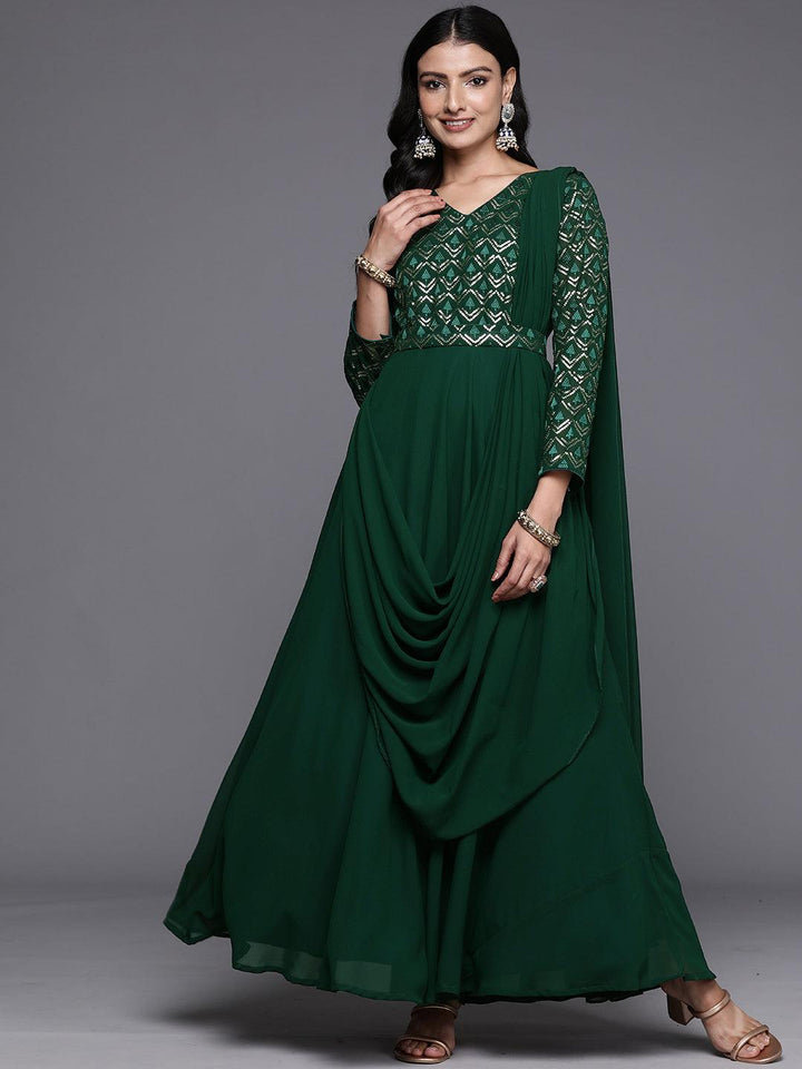 Green Embroidered Georgette Gown Dress - ShopLibas