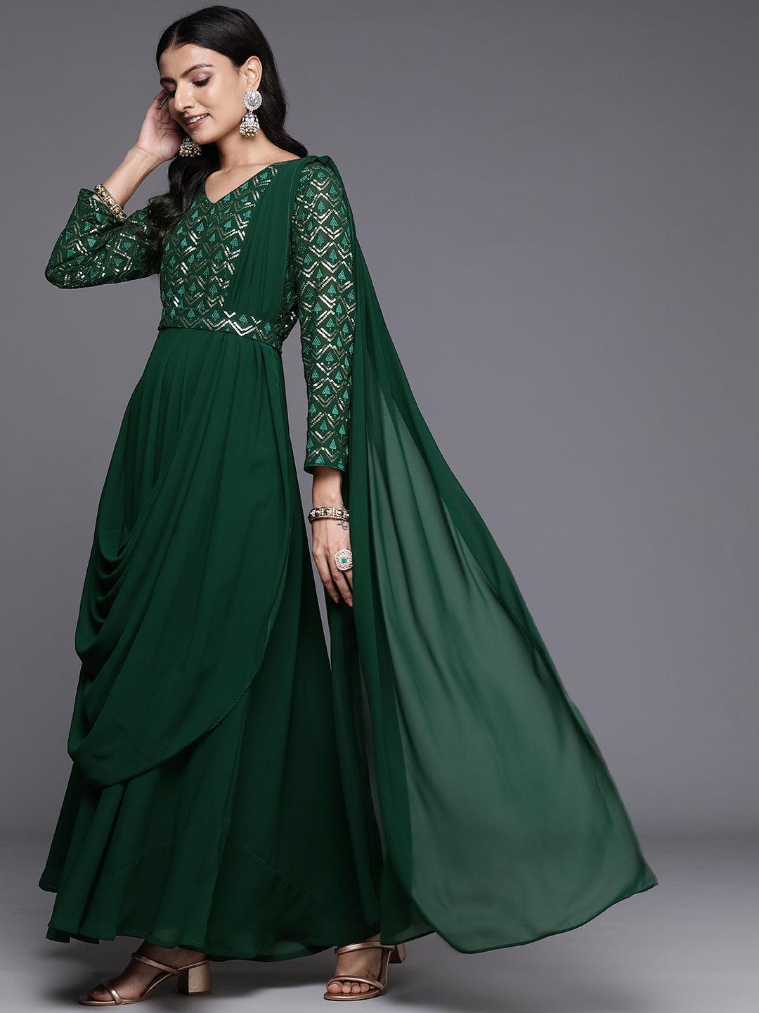 Green Embroidered Georgette Gown Dress