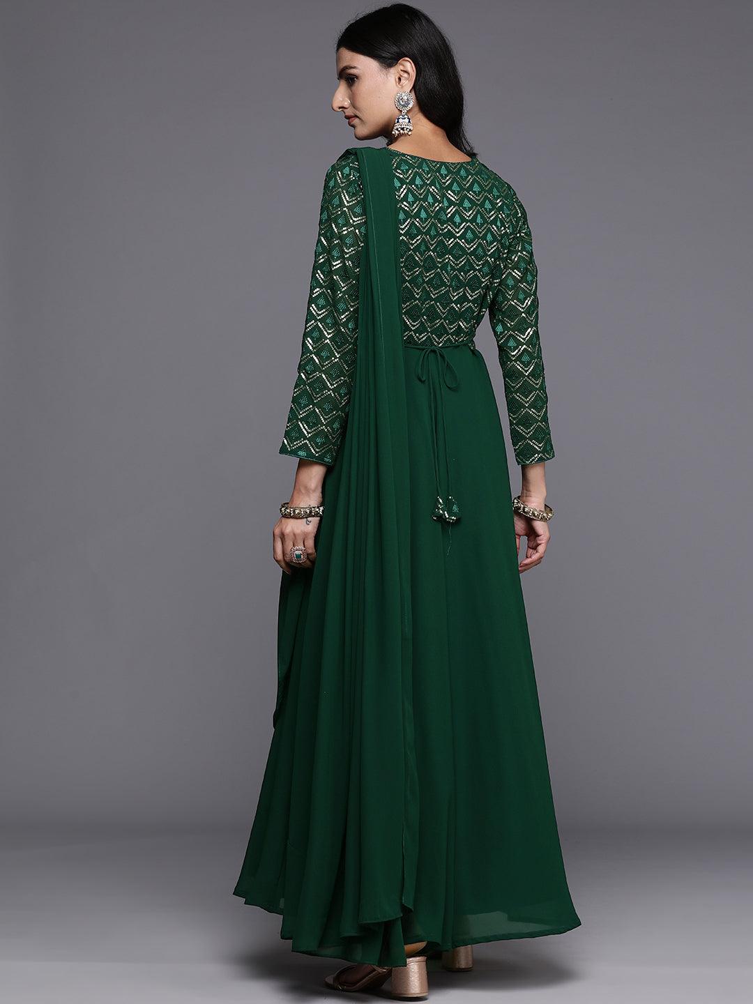 Green Embroidered Georgette Gown Dress
