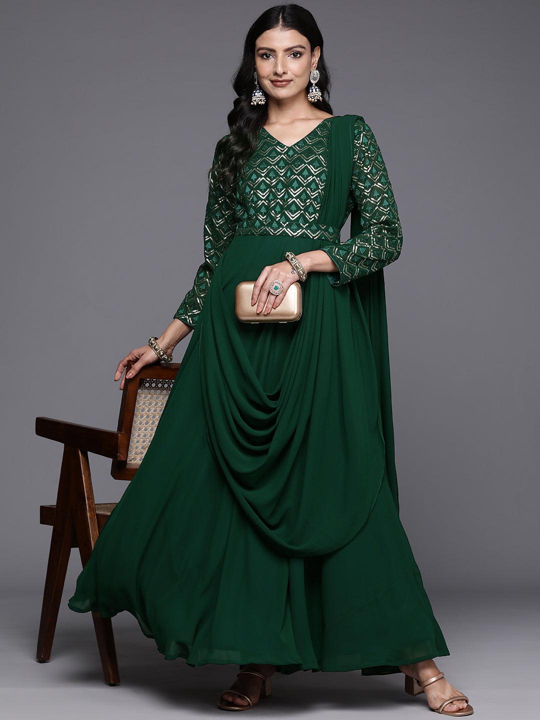 Green Embroidered Georgette Gown Dress