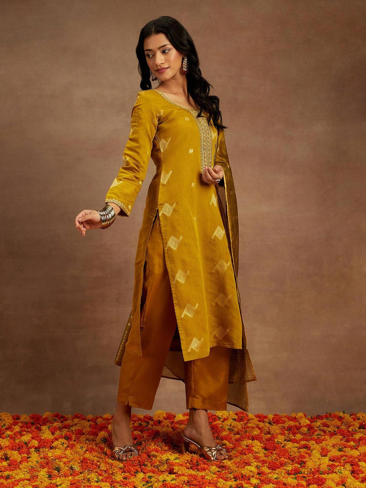 Mustard Woven Design Chanderi Silk Straight Kurta With Trousers & Dupatta - ShopLibas