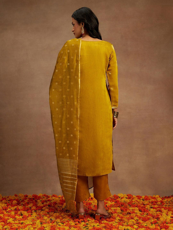 Mustard Woven Design Chanderi Silk Straight Kurta With Trousers & Dupatta - ShopLibas