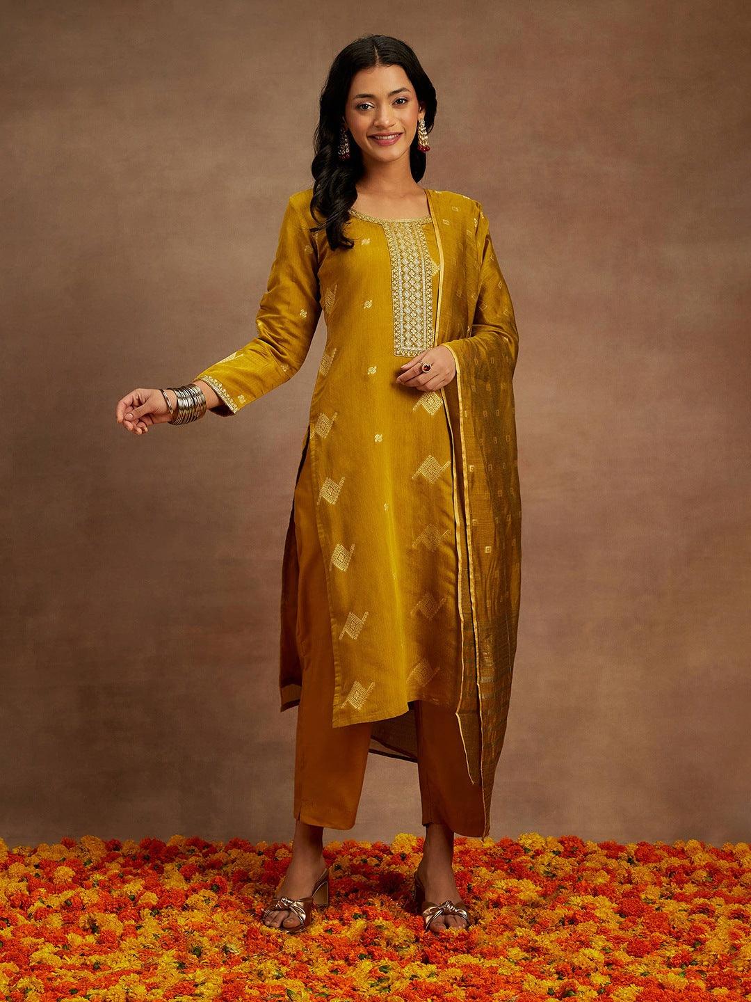 Mustard Woven Design Chanderi Silk Straight Kurta With Trousers & Dupatta - ShopLibas