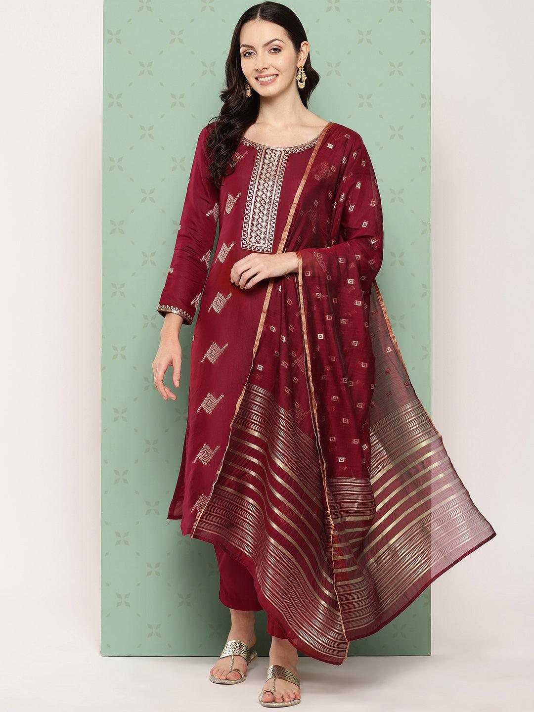 Maroon Woven Design Chanderi Silk Straight Suit With Dupatta