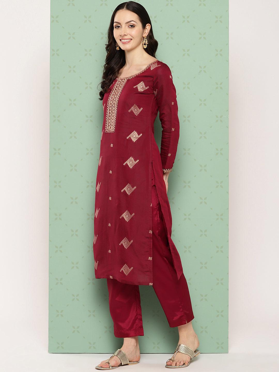 Maroon Woven Design Chanderi Silk Straight Suit With Dupatta