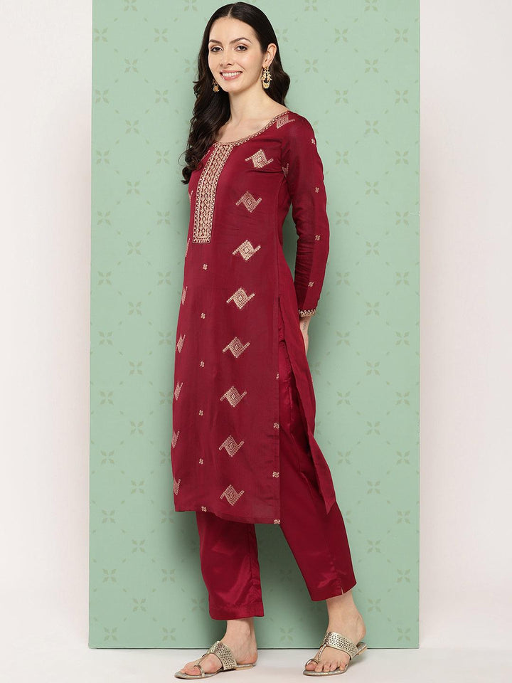 Maroon Woven Design Chanderi Silk Straight Kurta With Trousers & Dupatta - ShopLibas