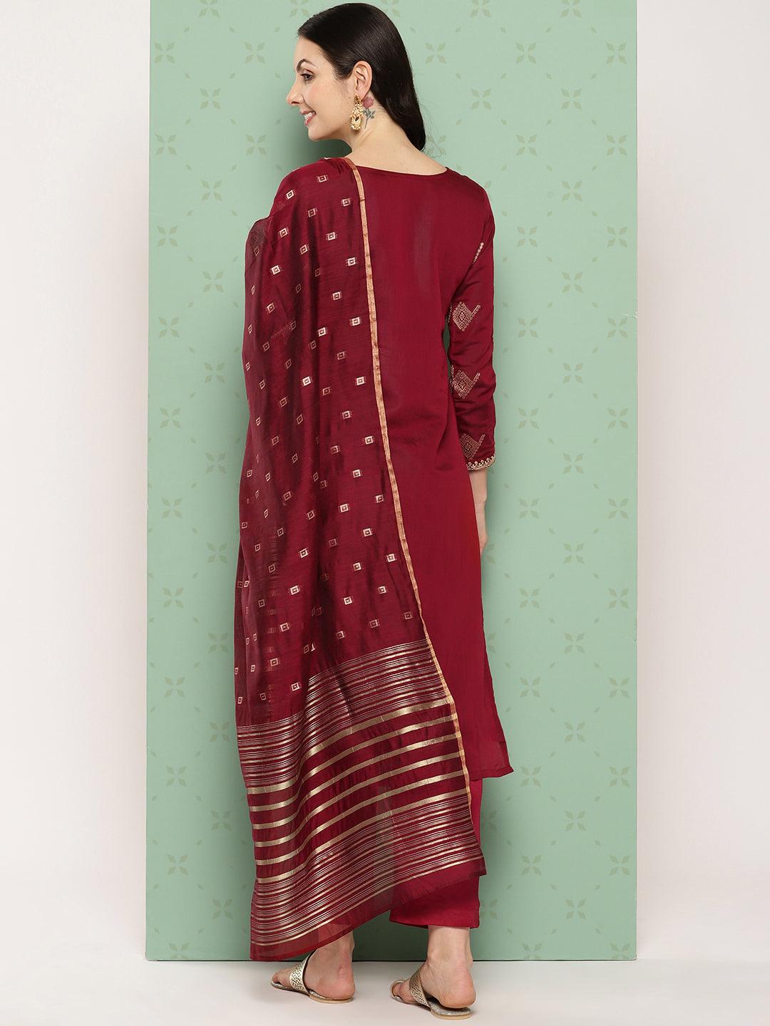 Maroon Woven Design Chanderi Silk Straight Suit With Dupatta